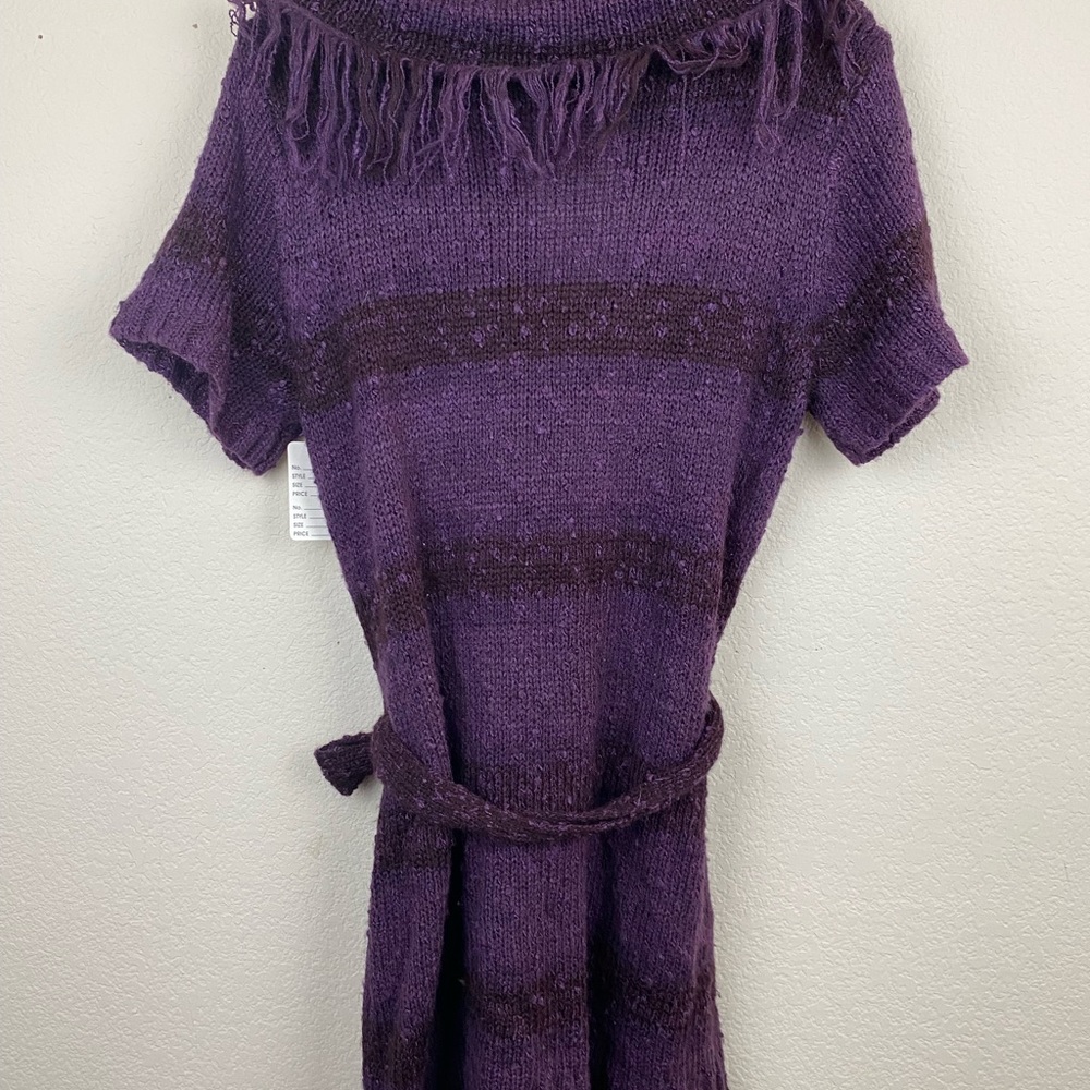CATO Purple Oversized Cowl Neck Fringe Sweater LARGE Belted Tunic Boho Chic F85 - Picture 11 of 14